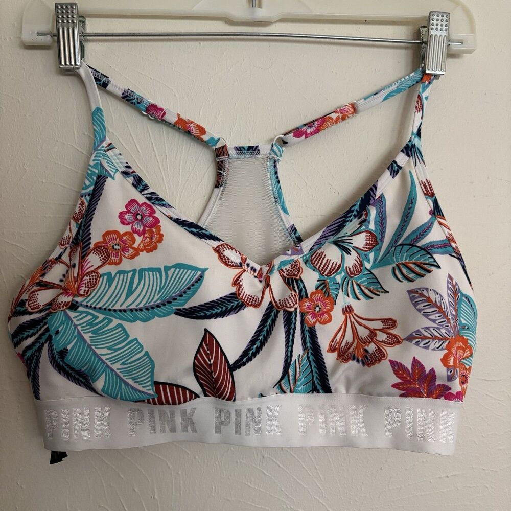 Victoria Secret PINK Sports‎ Bra Large Racerback Tropical Floral White